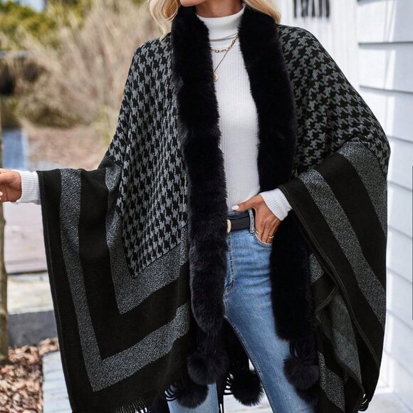 Black Preppy Womens Houndstooth Pattern Pom Pom Decor Fringe Hem Cape Cardigan - Picture 1 of 5